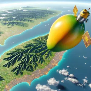 ▲網友製作梗圖，把衛星做成芒果乾的形狀，飛行在台灣上空。（圖/羅智強臉書）