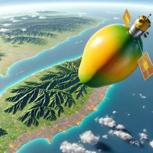 ▲網友製作梗圖,把衛星做成芒果乾的形狀,飛行在台灣上空。(圖/羅智強臉書) ▲網友製作梗圖,把衛星做成芒果乾的形狀,飛行在台灣上空。(圖/羅智強臉書)