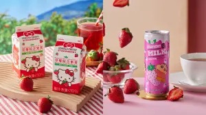 ▲7-11兩款人氣卡通草莓季限定飲品新上市，Hello Kitty草莓果茶、蠟筆小新草莓煉乳牛乳。（圖／SUNFRIEND MOUTH提供）