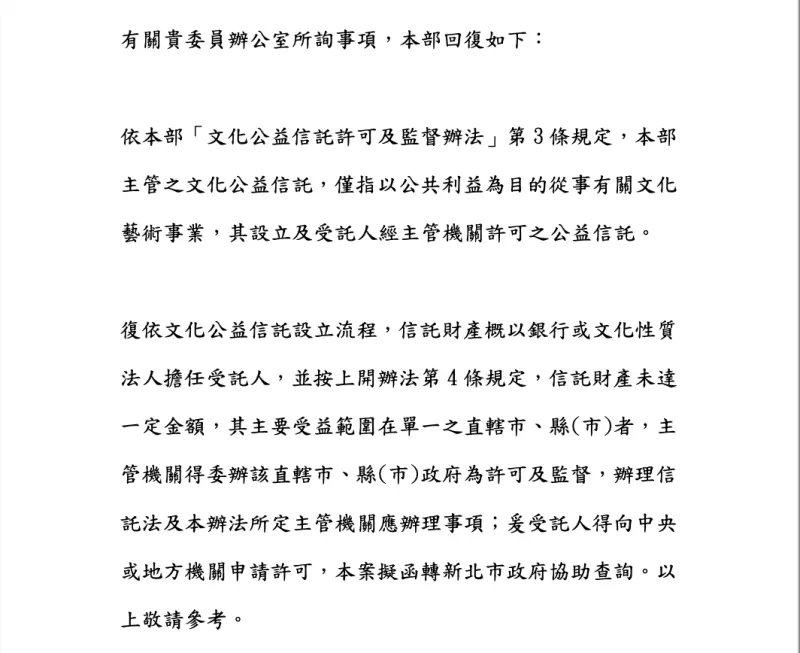 <p>▲立委王鴻薇直指,文化部回函稱賴清德沒申請公益信託。(圖/王鴻薇辦公室提供)</p>