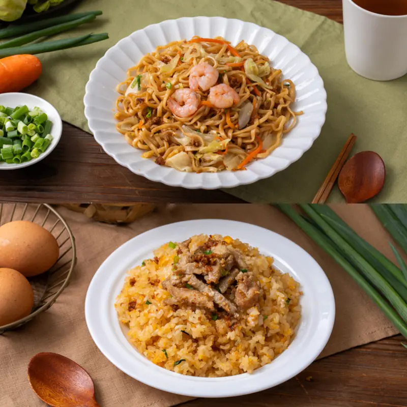 ▲上圖為香拌海鮮醬蝦仁炒麵;下圖為香拌海鮮醬肉絲蛋炒飯。(圖/品牌提供)