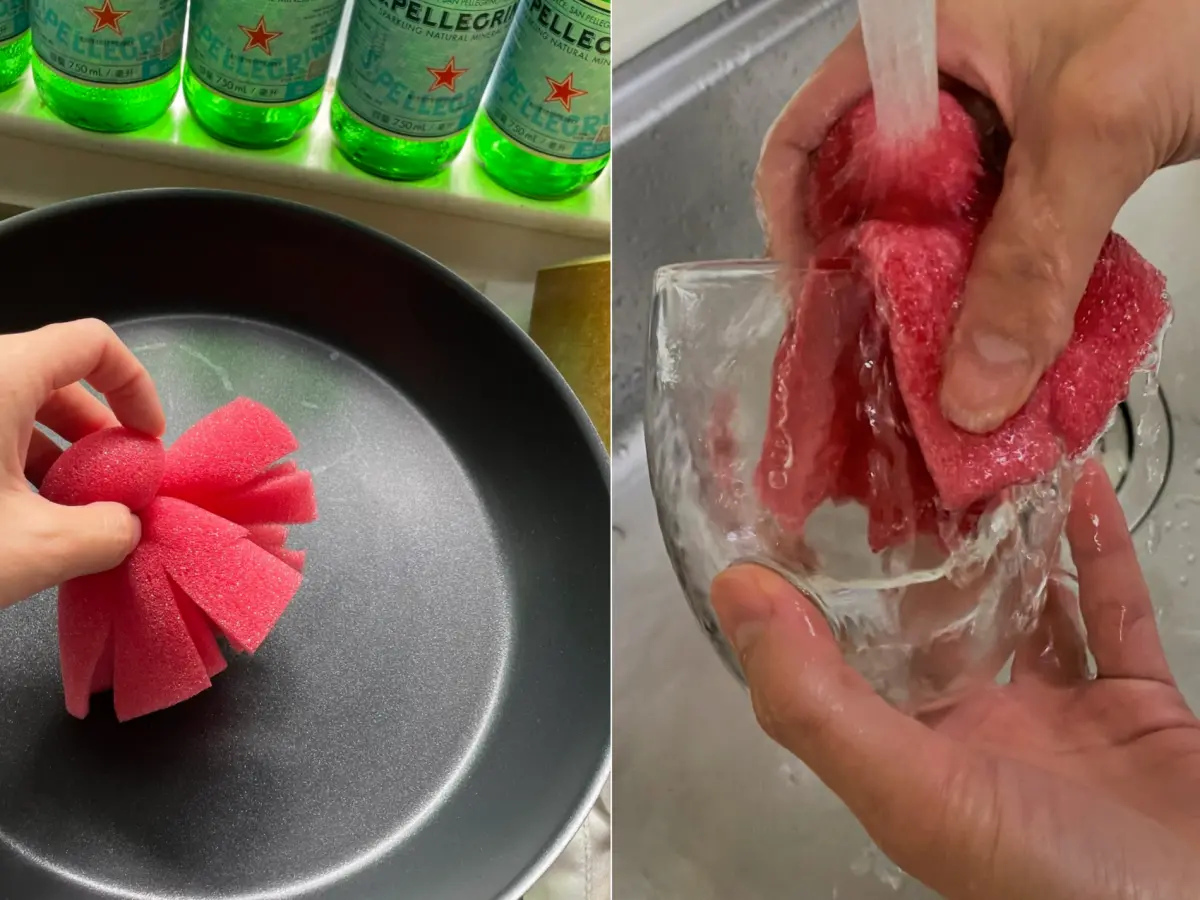 ▲年關將近，不少人都會收到水果禮盒，而其中的海綿或網狀水果包材，可做成0元「洗碗神器」，家事達人一用被驚豔。（圖／翻攝「陳映如-Sona Queen的生活筆記本」臉書）