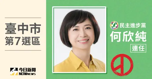 台中市立委當選人／第7選區何欣純　票數13萬2235、得票率56.58%
