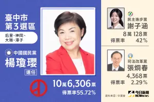 ▲台中市第3選區立委當選人楊瓊瓔，擊敗謝子涵、 張烱春等人。（圖／NOWnews社群中心製圖）