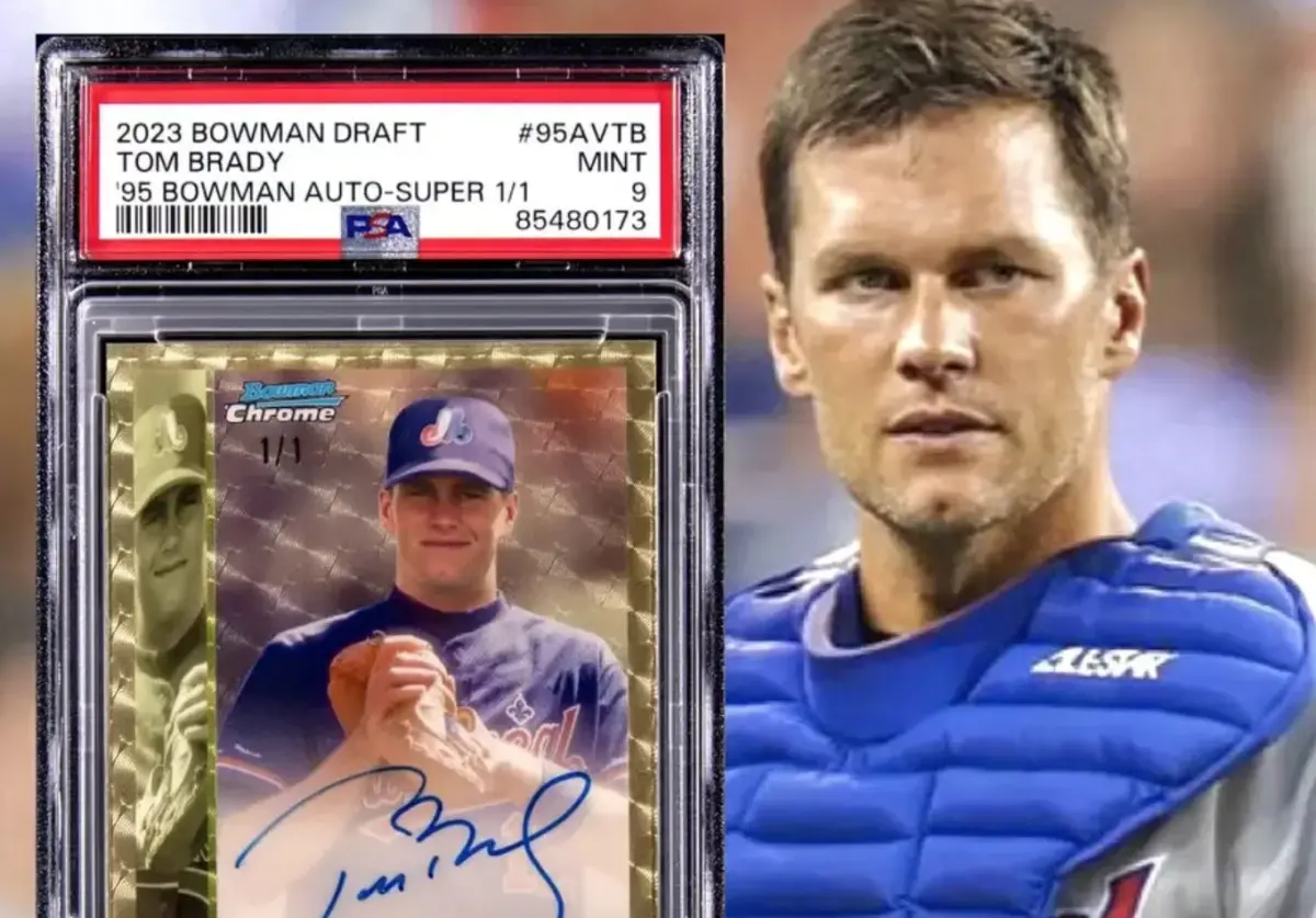 ▲一場職棒比賽都沒有打過！這張親簽球員卡卻能賣490萬天價，傳奇四分衛布雷迪（Tom Brady）的職棒球員卡。(Yahoo Sports推特)