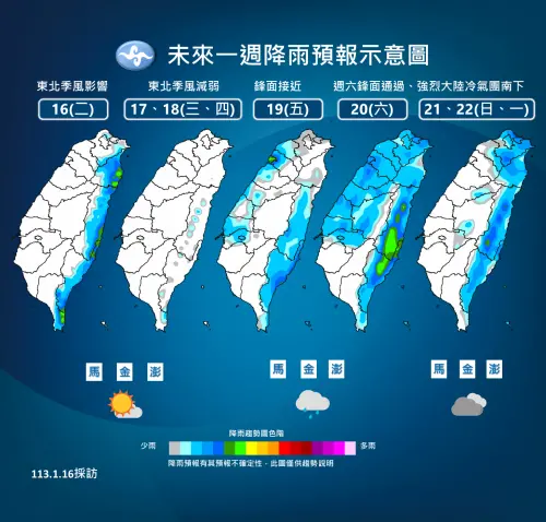 ▲近期全台各地處於偏乾的環境，只有在週六鋒面通過時，各地降雨機率較高。（圖／中央氣象署提供）