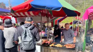 ▲除了美麗的花景以外，即日起至2月底每天在寶山假日市集及櫻花公園市集，都有販售農特產品、高山野生茶及咖啡、馬吿香腸等原味美食。（圖／高市府原民會提供）