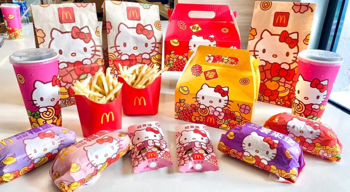 ▲開箱麥當勞「金迎招財薯來堡」，2024年新春聯名Hello Kitty超萌限定包裝實拍。加碼分享2024得來速貴賓卡專屬優惠，加10元多一件小薯條、薯餅或蛋捲冰淇淋。（圖／記者蕭涵云攝）