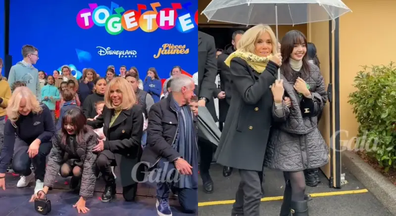 ▲BLACKPINK成員Lisa出席法國巴黎慈善活動，配合法國第一夫人Brigitte Macron（碧姬馬克宏）跪著拍照（左），事後Brigitte Macron還幫Lisa撐傘。（圖／翻攝gala.fr Tik Tok）