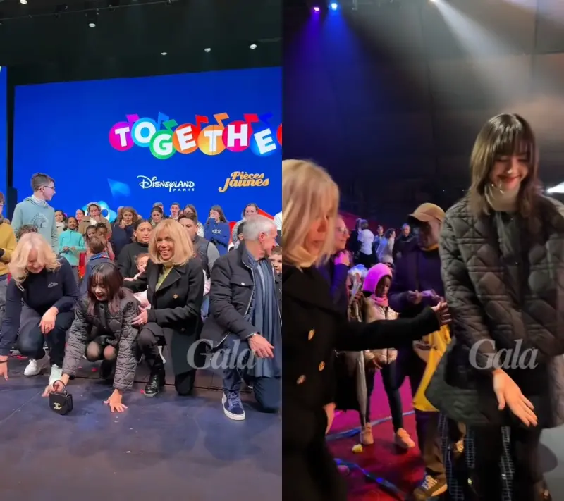 ▲Brigitte Macron、Lisa(右)一起上台,跪著跟小朋友拍照。(圖/翻攝gala.fr Tik Tok)
