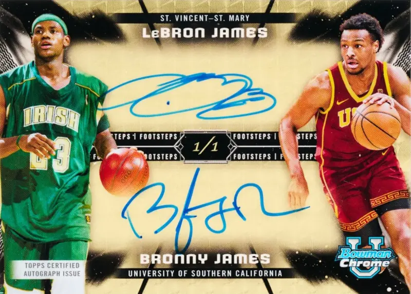 ▲「Fanatics 2023-24 Bowman University Chrome」籃球系列，將推出LeBron James和兒子Bronny James聯名球員卡，James在卡中穿著聖文森聖瑪莉高中（St. Vincent St. Mary High School）的校服，而Bronny則穿著南加州大學的球衣。（圖／翻攝自LeBron James X）