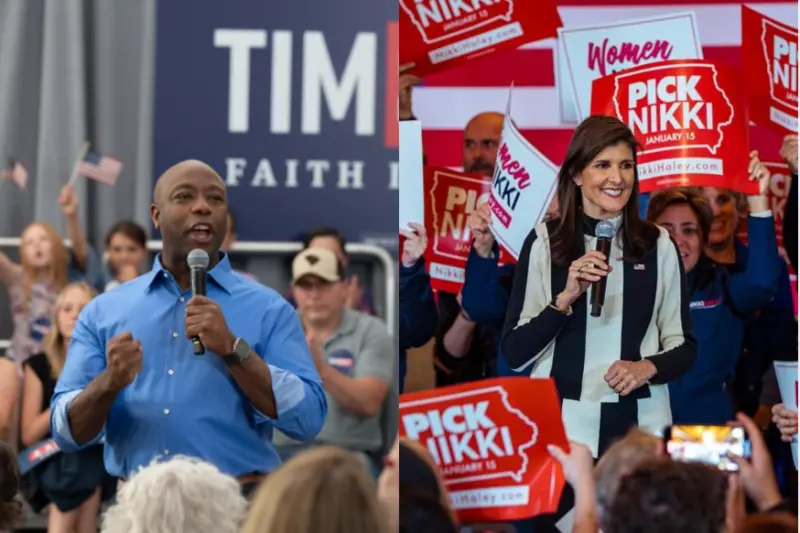 ▲南卡羅萊納州參議員史考特(Tim Scott)(左)、角逐美國共和黨總統提名的前美國駐聯合國大使海利(Nikki Haley)(右)。(圖：史考特粉專、海利粉專）