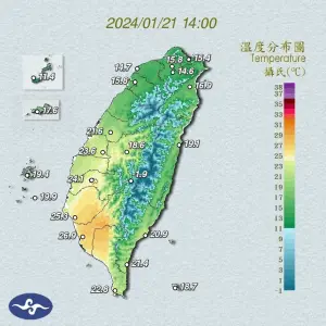 ▲今日中午冷空氣前緣已先抵達北台灣，不少市區已經有攝氏15度以下的氣溫，但南台灣因受地形和陽光影響，白天仍有攝氏25度以上。（圖／中央氣象署提供）