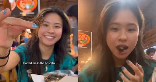 ▲新加坡一名TikTok女網紅日前赴泰國旅遊，在曼谷（Bangkok）吃炸「蠶寶寶」，結果引起腸胃不適。（圖／翻攝自TikTok）