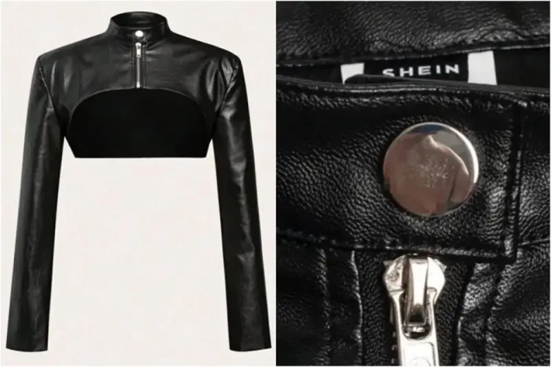 ▲SHEIN官方網站販售的一款皮衣金屬鈕扣反射出攝影師裸體的畫面，引起網友熱議。（圖／翻攝自X＠ebino_k）