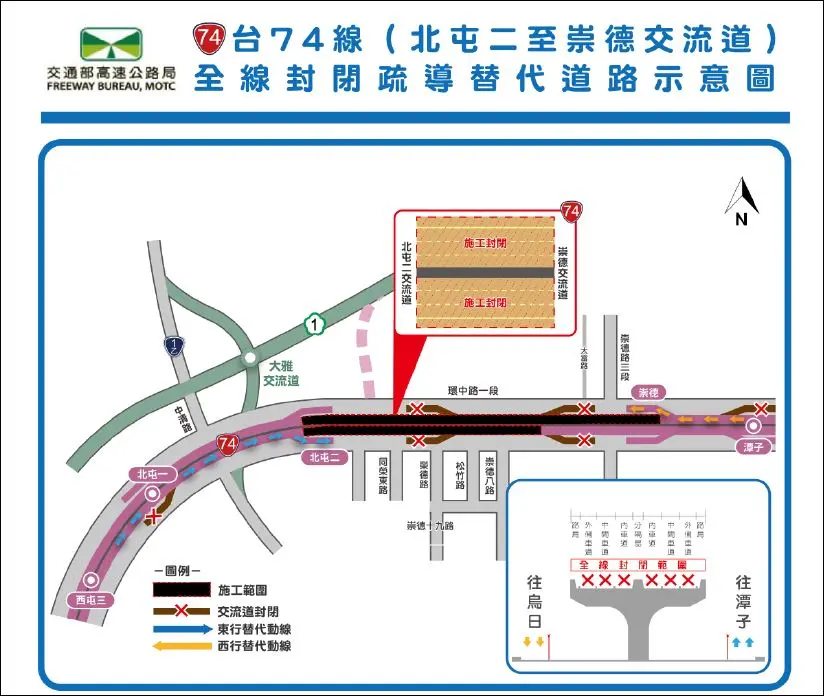 ▲臺74線崇德-北屯明夜雙向封閉 警籲改道（圖/記者鄧力軍翻攝）
