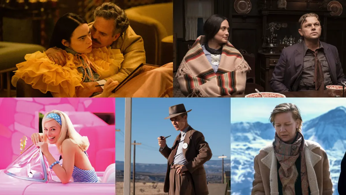 ▲奧斯卡入圍5大熱片，艾瑪史東（左上圖左）主演《可憐的東西》挑戰赤裸床戲，槓上李奧納多（右上圖右）《花月殺手》片中老婆莉莉葛萊史東爭影后，《芭比》（左下起）、《奧本海默》、《墜惡真相》同樣精采可期。（圖／探照燈影業、UIP、華納兄弟、好威映象）