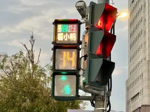 ▲紅綠燈號誌一開始會先閃「搭輕軌捷運看小鴨」或「我愛高雄」字樣。（圖／「尼力吃喝玩樂&親子生活」提供）