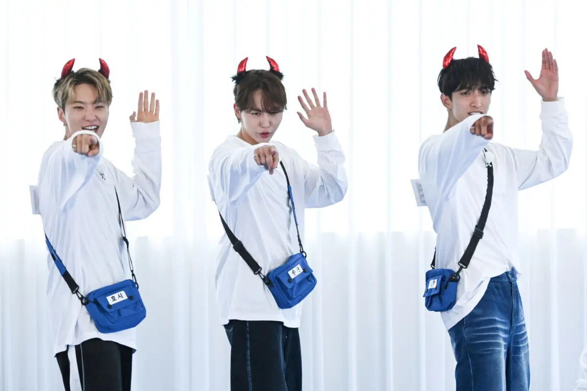 ▲BSS（夫碩順）成員Hoshi（左起）、勝寛、DK在高雄開唱，DK萌喊「我是董至成」。（圖／中天綜合台）