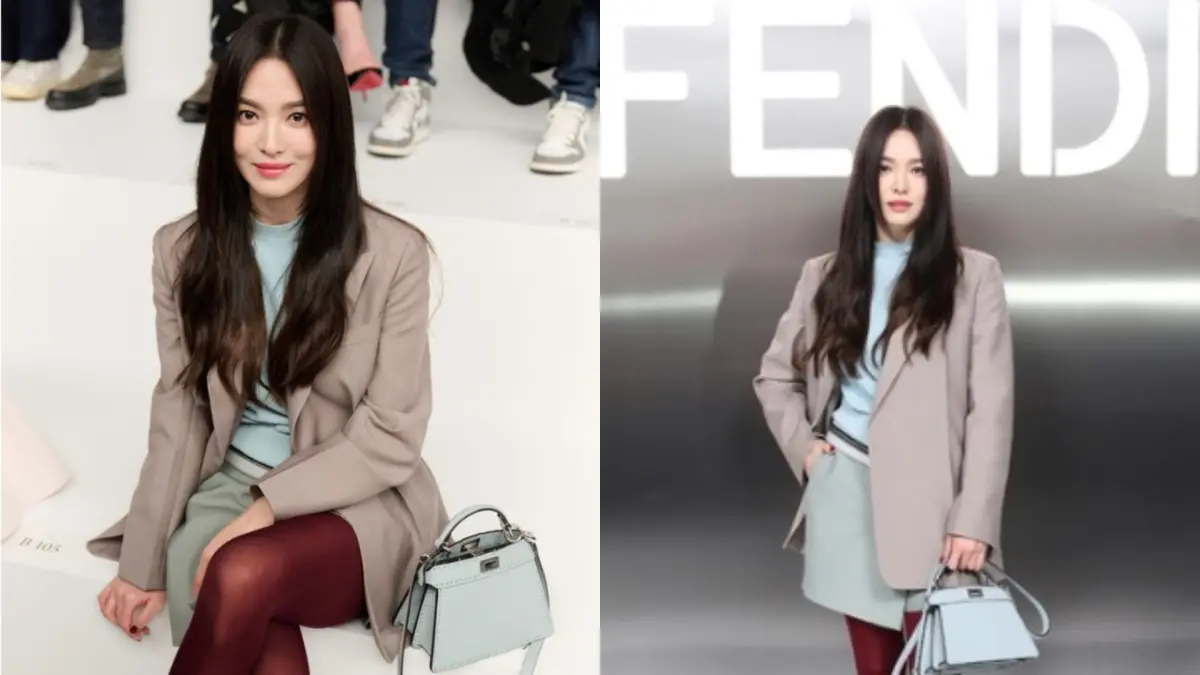 ▲宋慧喬出席FENDI 2024春夏女裝高級訂製服大秀，她搭配「酒紅絲襪」展現逆天長腿，散發出獨特的韓國女神魅力。（圖／FENDI）