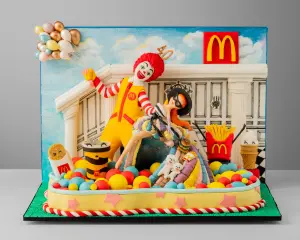 ▲代言人蔡依林及皇后陛下團隊精心製作的生日蛋糕，慶祝麥當勞在台40週年生日快樂。（圖／麥當勞提供）