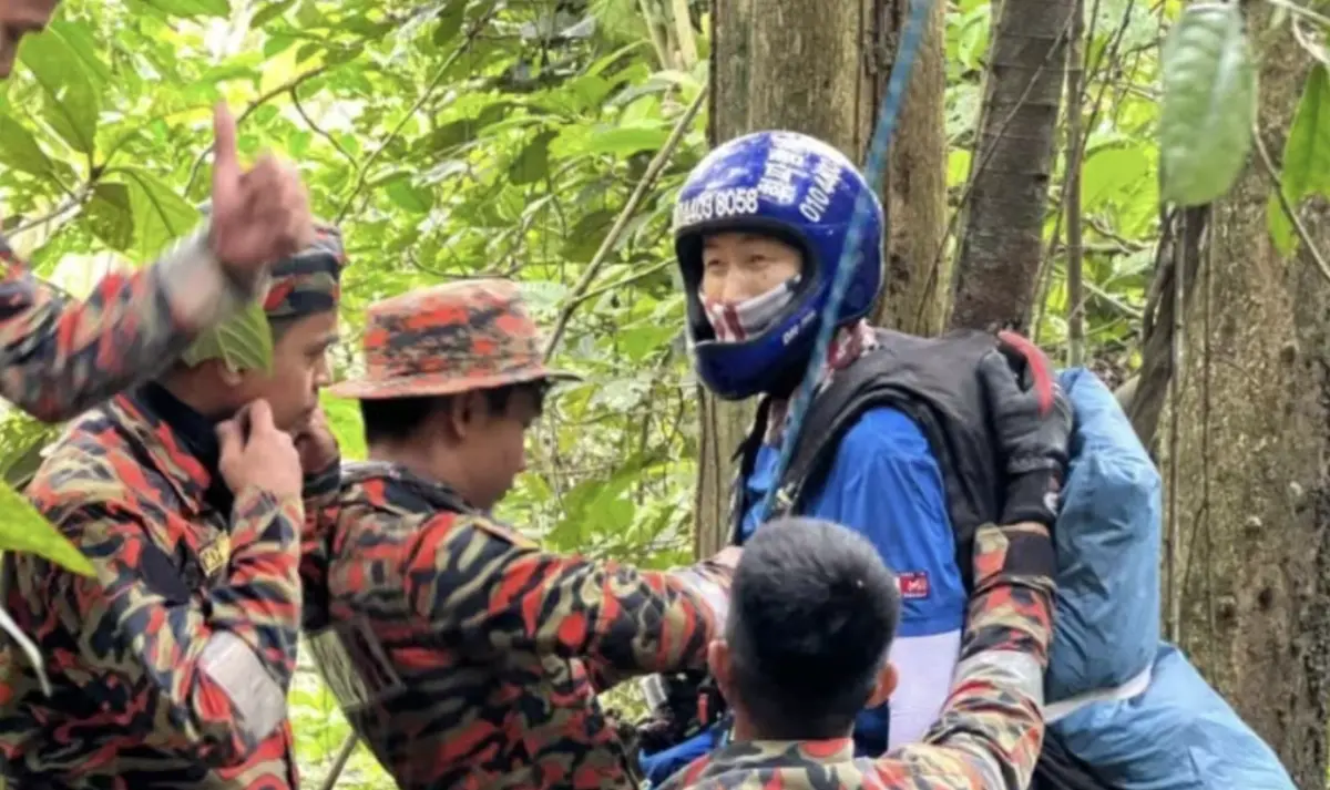 ▲一名韓國男子玩飛行傘時不慎墜落，最終卡在50公尺高的樹梢上，逃過死劫。（圖／翻攝自X）