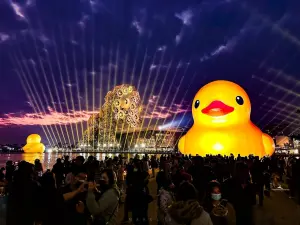 ▲ 晚上搭配愛河灣燈光展演,民眾可捕捉不同視角的小鴨照。(圖/高市府觀光局提供) ▲ 晚上搭配愛河灣燈光展演,民眾可捕捉不同視角的小鴨照。(圖/高市府觀光局提供)