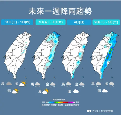 下週一鋒面通過,台灣由北到南轉為短暫雨的天氣,降雨範圍未來幾天還會擴大。(圖/中央氣象署提供) ▲下週一鋒面通過,台灣由北到南轉為短暫雨的天氣,降雨範圍未來幾天還會擴大。(圖/中央氣象署提供)