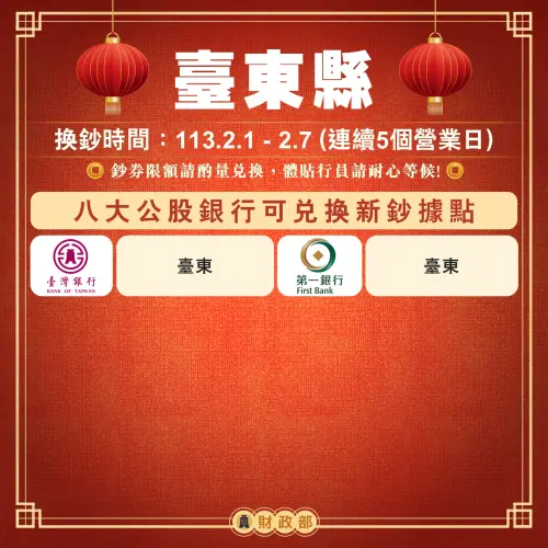 新年換新鈔開跑,台東縣這些公股行庫據點可換鈔。(圖/財政部提供) ▲新年換新鈔開跑,台東縣這些公股行庫據點可換鈔。(圖/財政部提供)