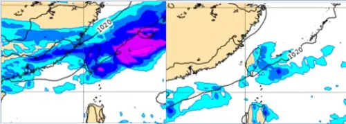 ▲最新(2日20時)歐洲(ECMWF)模式，8日8時地面氣壓及降水模擬圖顯示，降雨範圍擴大至中部，及南部山區(左圖)。9日20時模擬圖顯示顯示，除夕(9日)仍有雨，降雨漸減少(右圖)。