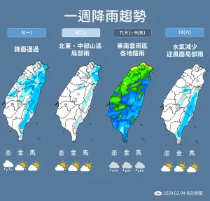 ▲受華南雲雨區、鋒面影響，除夕前幾乎全台有雨，外出務必攜帶雨具。（圖／中央氣象署提供）