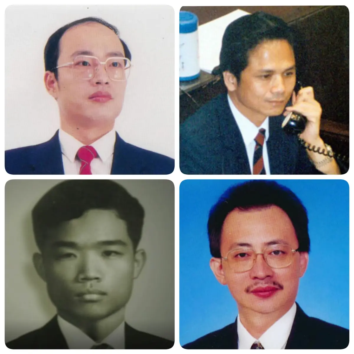 ▲ 韓國瑜（左上）、游錫堃（右上）、蘇貞昌（左下）、柯建銘（右下）還有頭髮時的照片。（圖／翻攝臉書）