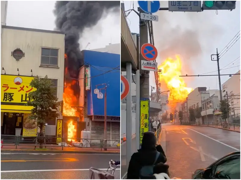 ▲日本東京都大田區JR大森車站旁的商店街4日上午傳出火警，現場傳出多次爆炸聲響。（圖／翻攝自X）