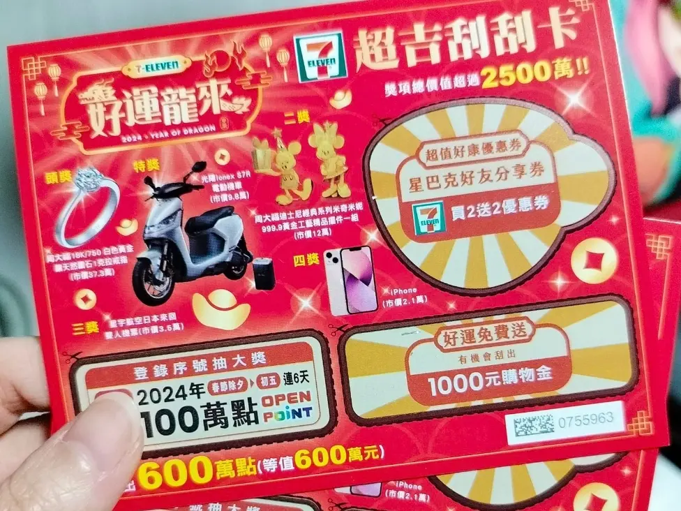 ▲7-11春節期間推出「超吉刮刮卡」的活動，不僅可以抽1克拉鑽戒，還連續六天送100萬OPEN POiNT點數，相當大手筆。（圖/7-11全家新品共享區）