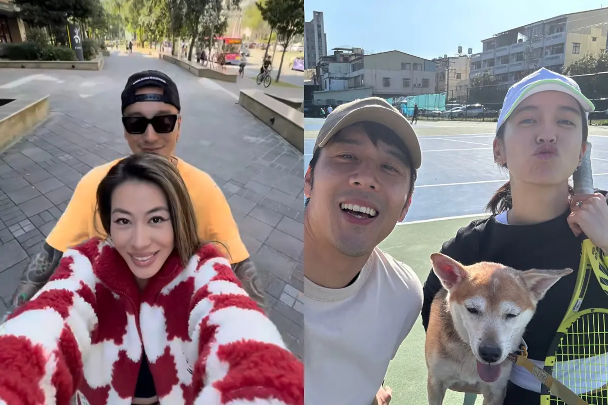 ▲情人節王陽明（左圖後）、蔡詩芸相擁放閃；胡宇威（右圖左）也趁機放閃陳庭妮。（圖／蔡詩芸IG、胡宇威臉書）