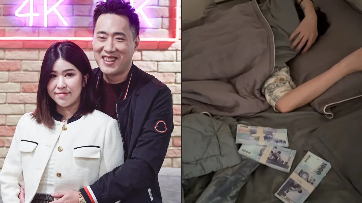 ▲余祥銓（左圖右）趁著今天初六開工日，跑到銀行豪領30萬現金，直奔回家後丟給躺在床上的老婆柔柔（左圖右），舉動霸氣又甜蜜，掀起眾人討論。（圖／記者葉政勳攝影、余祥銓IG）