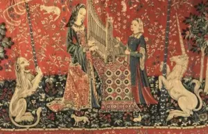 ▲約製作於15世紀末的「獨角獸與貴婦人」掛毯。（圖／記者陳美嘉翻攝）