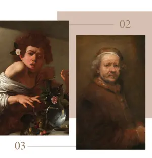 ▲左：卡拉瓦喬（1571–1610）《被蜥蜴咬傷的男孩》（局部），約1594-1595；右：林布蘭（1606–1669）《63歲自畫像》（局部），1669。（圖／翻攝自奇美博物館官網© The National Gallery, London）