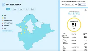 ▲環境部的空氣品質監測網整個大台北地區的空氣品質指標 (AQI)都屬於「黃燈」的普通狀態，並非嚴重燈號，但實際上卻有不少民眾感到不適。（圖／翻攝環境部）