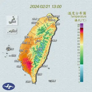 ▲今（21）日延續前2天高溫，在偏南風的環境下，全台互飆高溫，尤其在南台灣甚至有許多民眾開啟冷氣。（圖／翻攝中央氣象署官網）