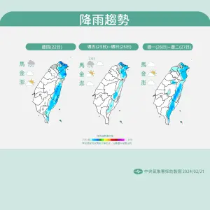 ▲明日鋒面通過、東北季風增強後，北台灣、東半部降雨機率越來越高，元宵節也將有雨勢出現。（圖／中央氣象署提供）
