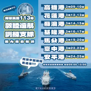▲113年敦睦遠航訓練支隊開放港口及時間資訊。（圖／海軍艦指部提供）