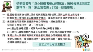 身心障礙者權益保障法-第96條第2款規定解釋令-就-無正當理由-訂定一致性原則 ▲身心障礙者權益保障法-第96條第2款規定解釋令-就-無正當理由-訂定一致性原則。(圖/勞動部)