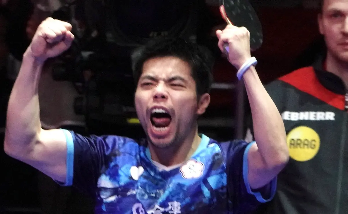 ▲中華桌球男團在釜山舉行的2024世界桌球團體錦標賽，今（23）日對上強敵德國，莊智淵、林昀儒、高承睿3位選手奮戰3點後，以3:0的比數擊敗德國，圖為莊智淵。（圖／特派記者陳云茹攝）