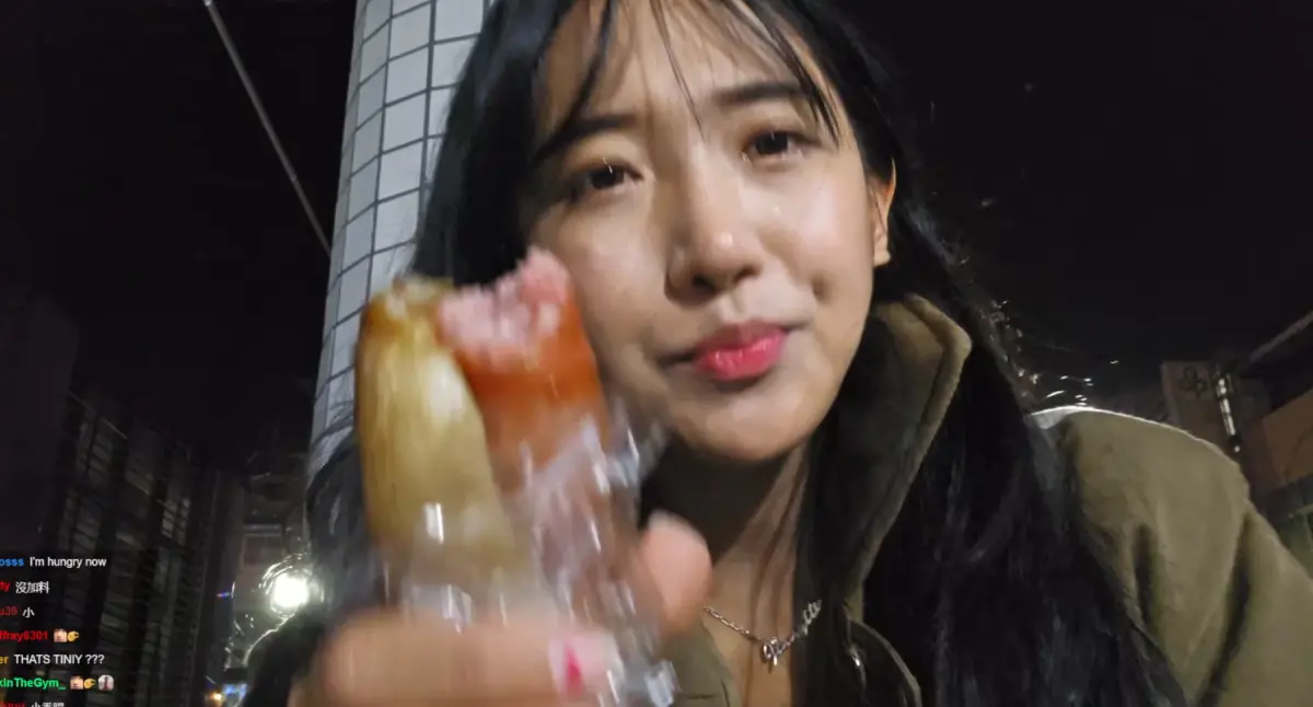 ▲企鵝妹購買台南路邊大腸包小腸吃，價格竟破百元，也讓網友延伸起戰火。（圖／取自企鵝妹Twitch直播）