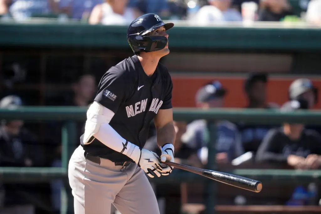 ▲洋基Spencer Jones該發全壘打飛行距離達到470英尺（約143.2公尺），另主帥Aaron Boone印象深刻。（圖／美聯社／達志影像）
