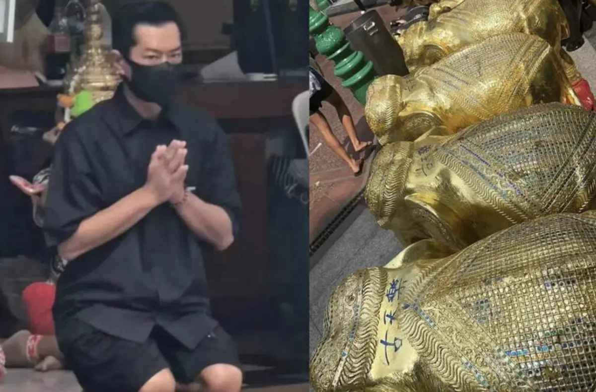 ▲24日有網友在泰國四面佛巧遇知名港星古天樂，只見他虔誠地參拜。（圖／翻攝自星島日報）