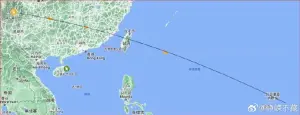▲從網友分享的火箭預測軌跡來看，有可能將越過台灣本島。（圖／翻攝自微博）