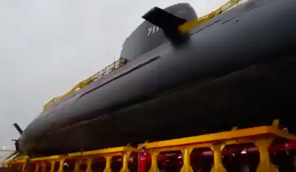 ▲國造潛艦海鯤號側面疑似側視聲納曝光。(圖/台船提供)