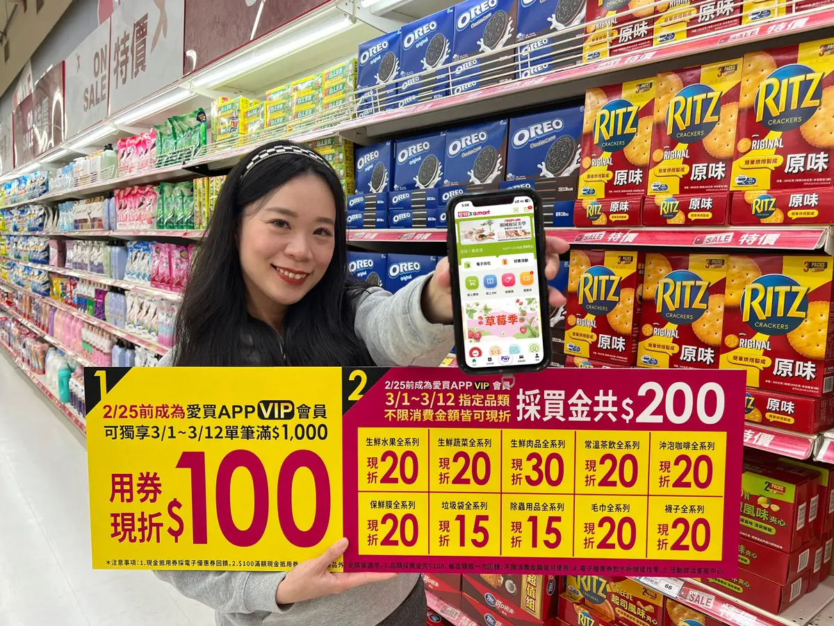▲愛買量販店豪送購物金，回饋APP會員，3月1日起至3月12日，發送滿千現折100元現金抵用券，並同步發放指定熱門類別商品採買金，最高共可折300元（圖／愛買提供）